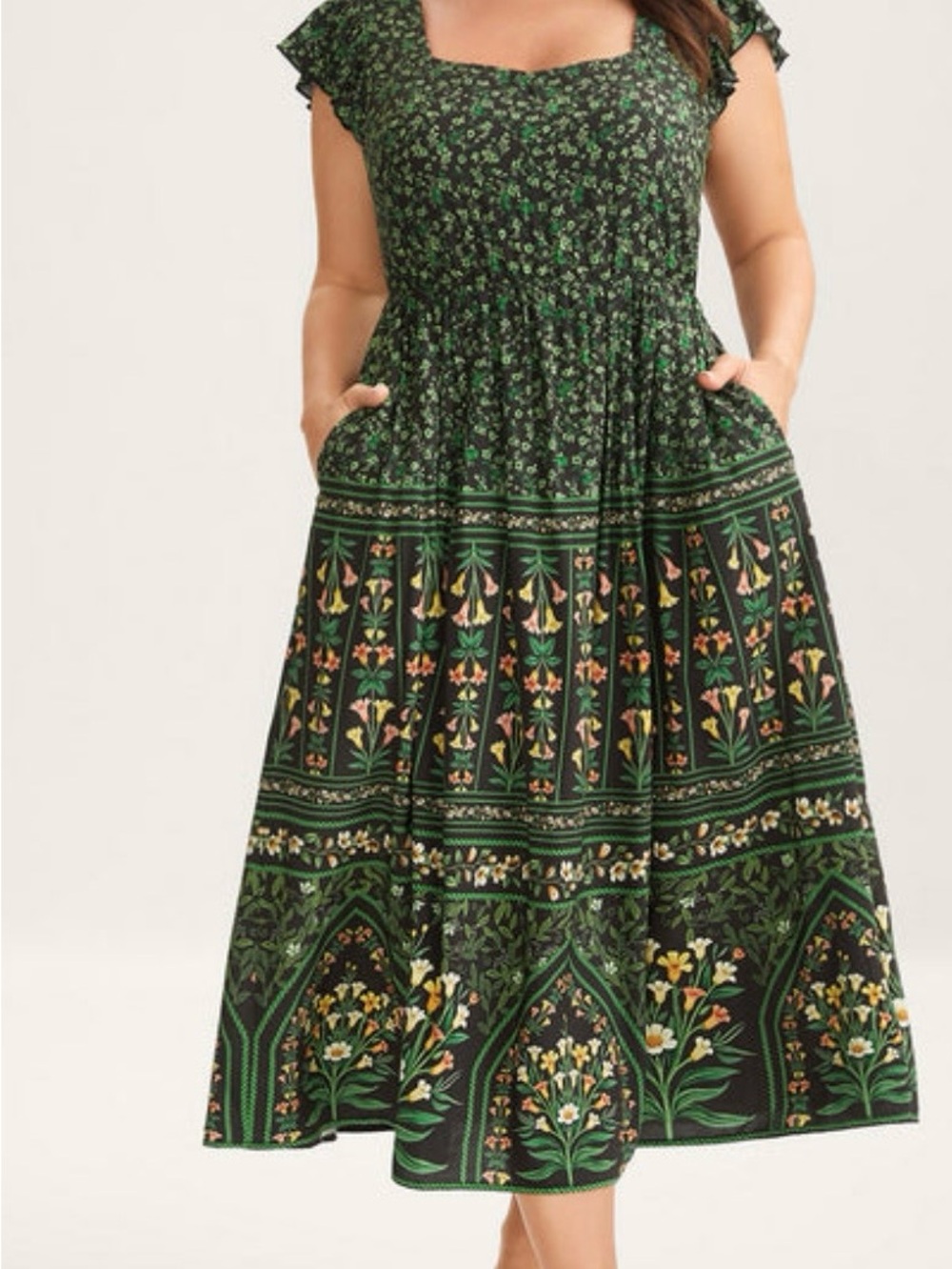 Rayon Garden Fresh Ruffled Sleeve Midi Dress